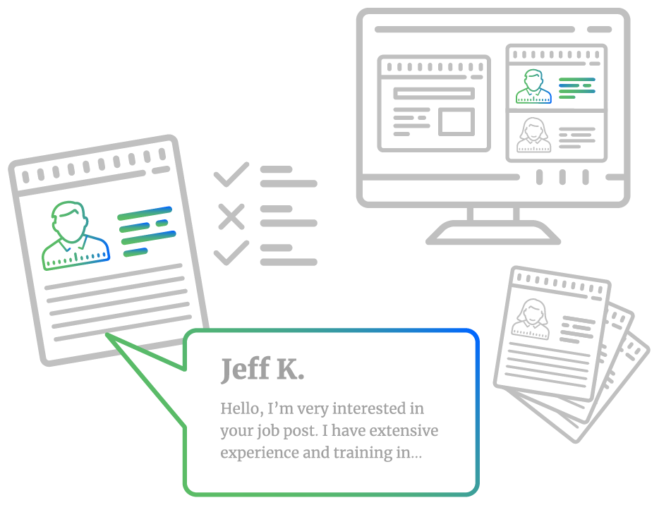 An illustration showing a monitor with freelancer profiles displayed, alongside a zoomed in version showing a freelancer profile with checks to indicate they meet job requirements and a speech bubble of the freelancer introducing themselves.
